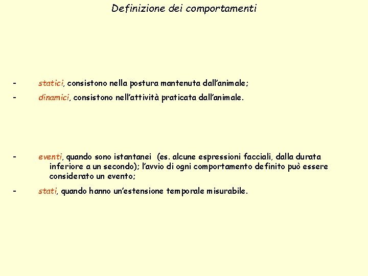 Definizione dei comportamenti - statici, consistono nella postura mantenuta dall’animale; - dinamici, consistono nell’attività Definizione dei comportamenti - statici, consistono nella postura mantenuta dall’animale; - dinamici, consistono nell’attività