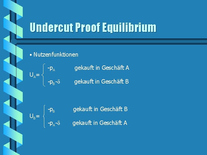 Undercut Proof Equilibrium • Nutzenfunktionen UA= UB= -p. A gekauft in Geschäft A -p. Undercut Proof Equilibrium • Nutzenfunktionen UA= UB= -p. A gekauft in Geschäft A -p.