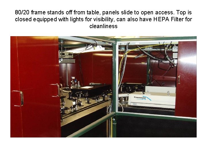 80/20 frame stands off from table, panels slide to open access. Top is closed