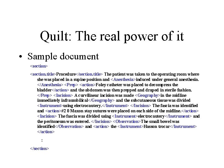 Quilt: The real power of it • Sample document <section> <section. title>Procedure</section. title> The