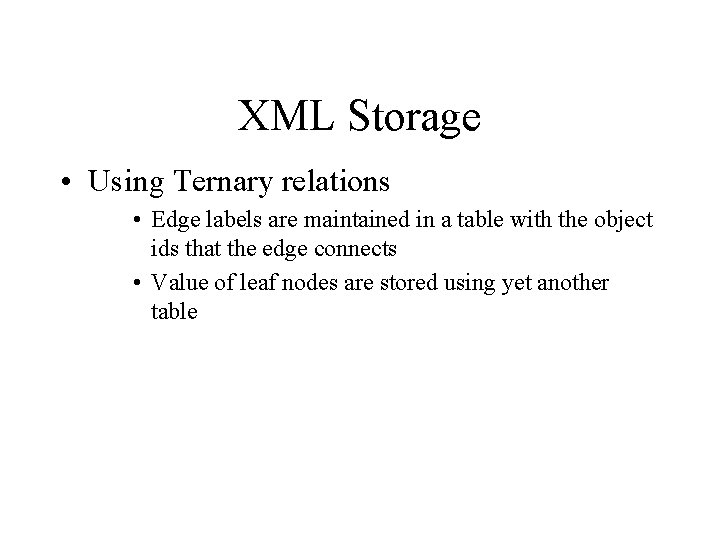 XML Storage • Using Ternary relations • Edge labels are maintained in a table