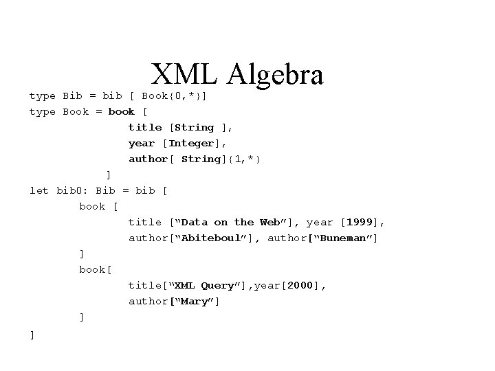 XML Algebra type Bib = bib [ Book{0, *}] type Book = book [