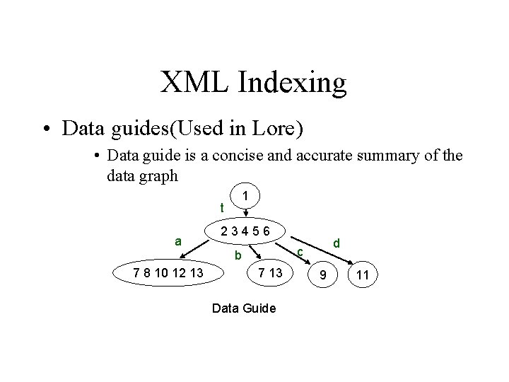 XML Indexing • Data guides(Used in Lore) • Data guide is a concise and