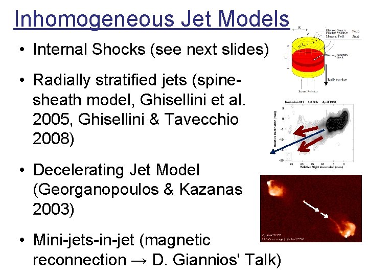 Inhomogeneous Jet Models • Internal Shocks (see next slides) • Radially stratified jets (spinesheath Inhomogeneous Jet Models • Internal Shocks (see next slides) • Radially stratified jets (spinesheath
