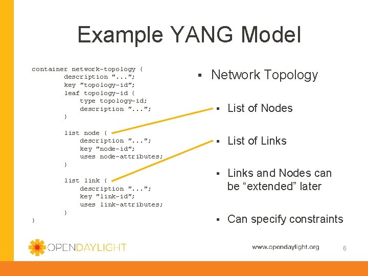 Example YANG Model container network-topology { description ". . . "; key "topology-id"; leaf