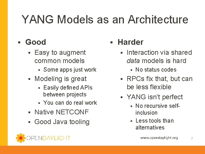 YANG Models as an Architecture § Good § Easy to augment common models §