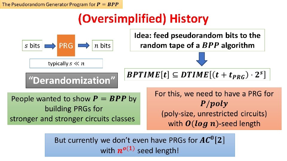  (Oversimplified) History PRG “Derandomization” 