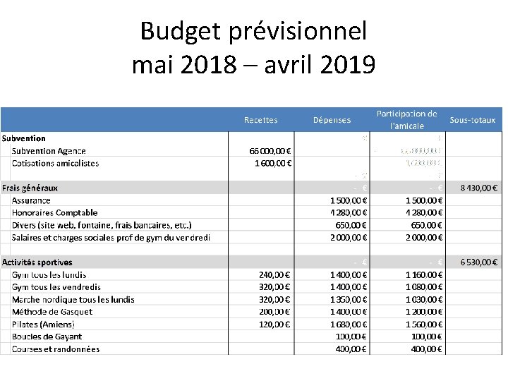 Budget prévisionnel mai 2018 – avril 2019 