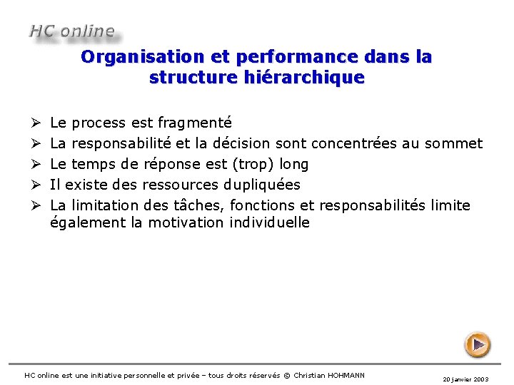 Organisation et performance dans la structure hiérarchique Ø Ø Ø Le process est fragmenté