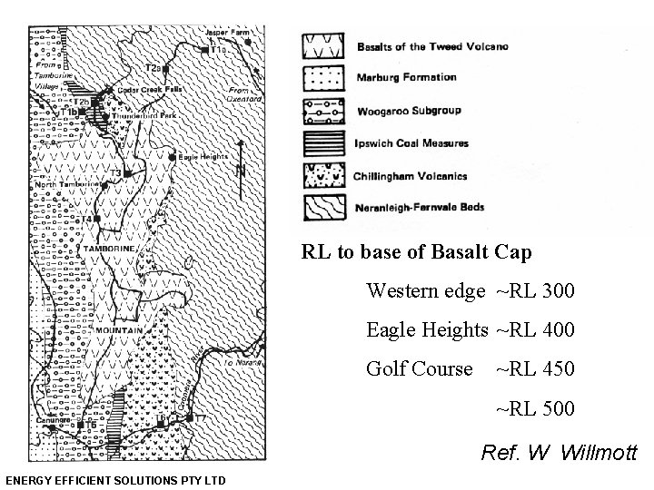 RL to base of Basalt Cap Western edge ~RL 300 Eagle Heights ~RL 400