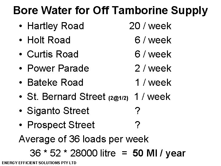 Bore Water for Off Tamborine Supply • Hartley Road 20 / week • Holt