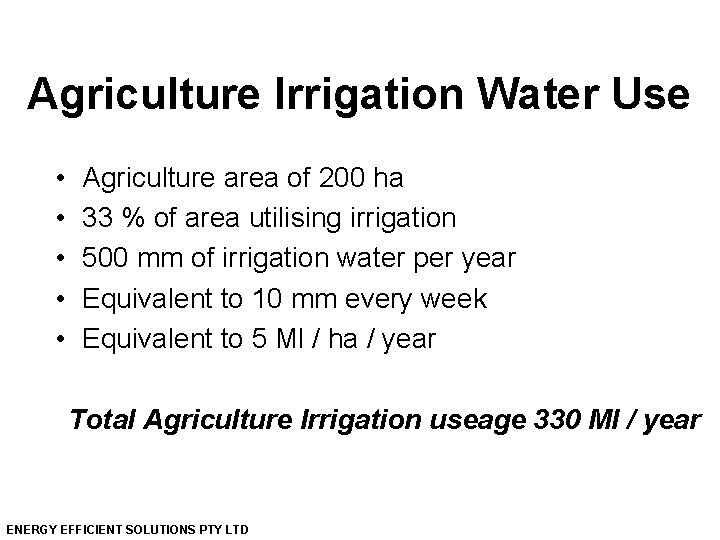 Agriculture Irrigation Water Use • • • Agriculture area of 200 ha 33 %