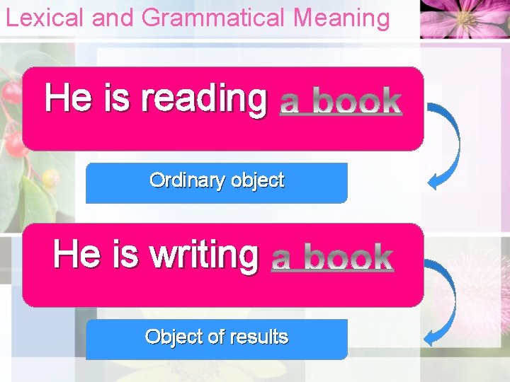 Lexical and Grammatical Meaning He is reading Ordinary object He is writing Object of