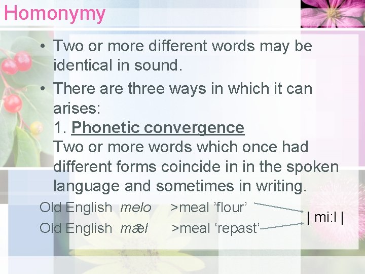 Homonymy • Two or more different words may be identical in sound. • There