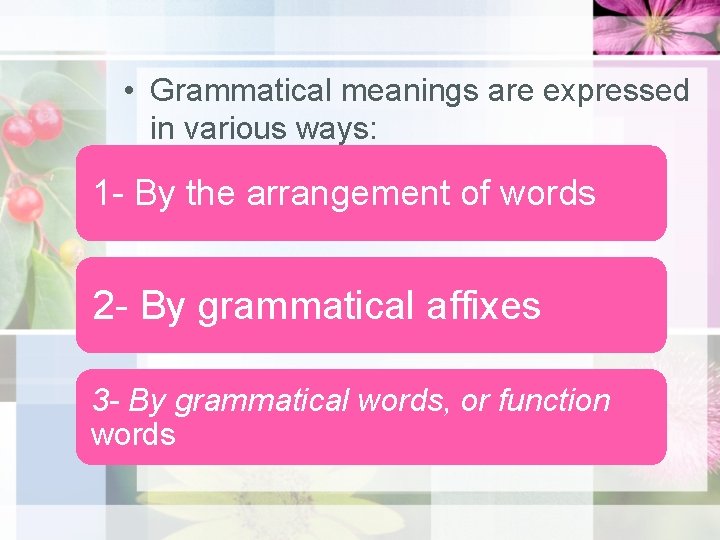  • Grammatical meanings are expressed in various ways: 1 - By the arrangement