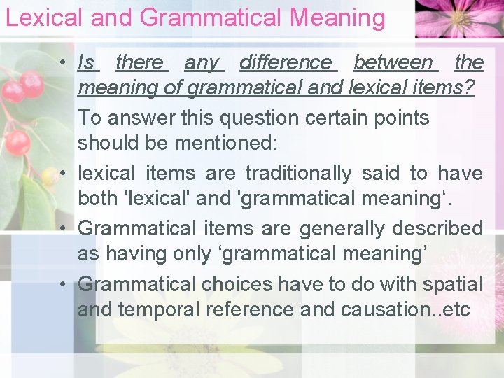 Lexical and Grammatical Meaning • Is there any difference between the meaning of grammatical