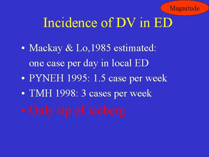 Magnitude Incidence of DV in ED • Mackay & Lo, 1985 estimated: one case