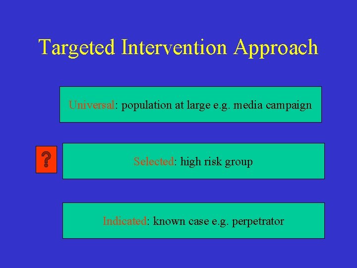 Targeted Intervention Approach Universal: population at large e. g. media campaign Selected: high risk