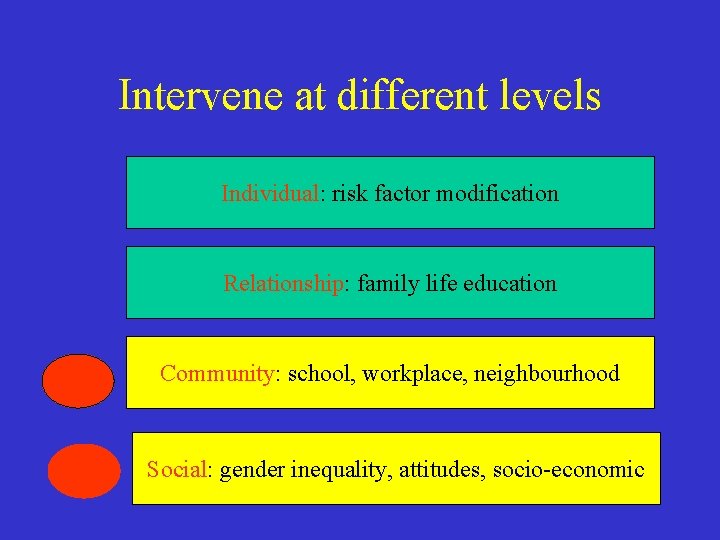 Intervene at different levels Individual: risk factor modification Relationship: family life education Community: school,