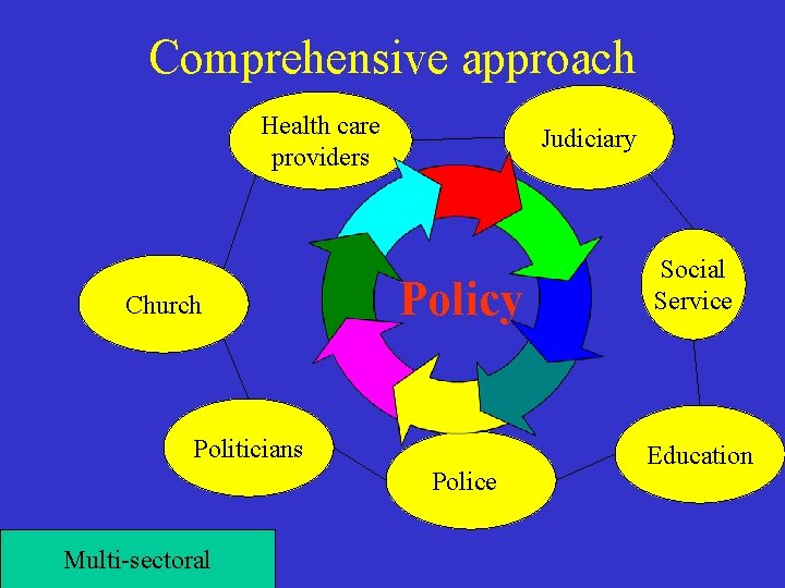 Comprehensive approach Health care providers Church Judiciary Policy Politicians Police Multi-sectoral Social Service Education