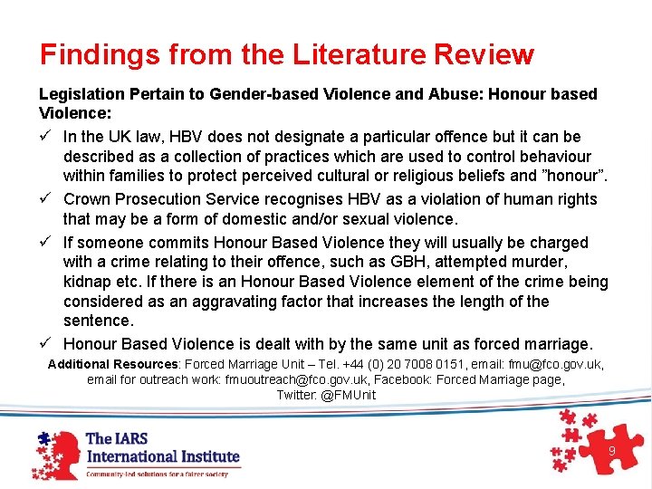  Findings from the Literature Review Legislation Pertain to Gender-based Violence and Abuse: Honour