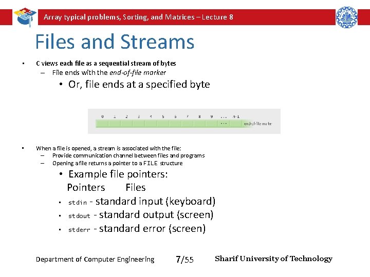Array typical problems, Sorting, and Matrices – Lecture 8 Files and Streams • C Array typical problems, Sorting, and Matrices – Lecture 8 Files and Streams • C