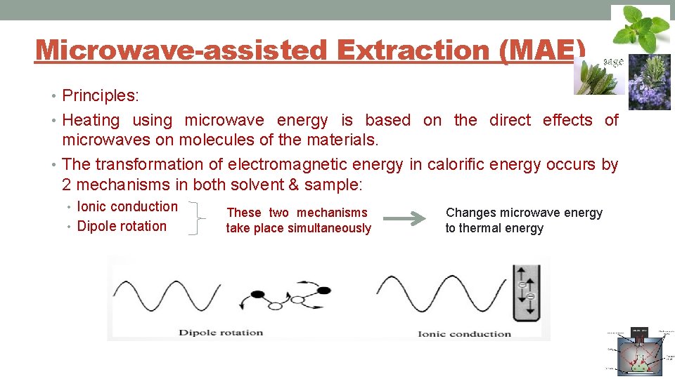 Microwave-assisted Extraction (MAE) • Principles: • Heating using microwave energy is based on the