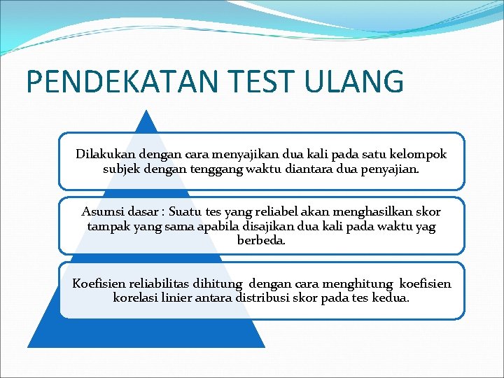 PENDEKATAN TEST ULANG Dilakukan dengan cara menyajikan dua kali pada satu kelompok subjek dengan