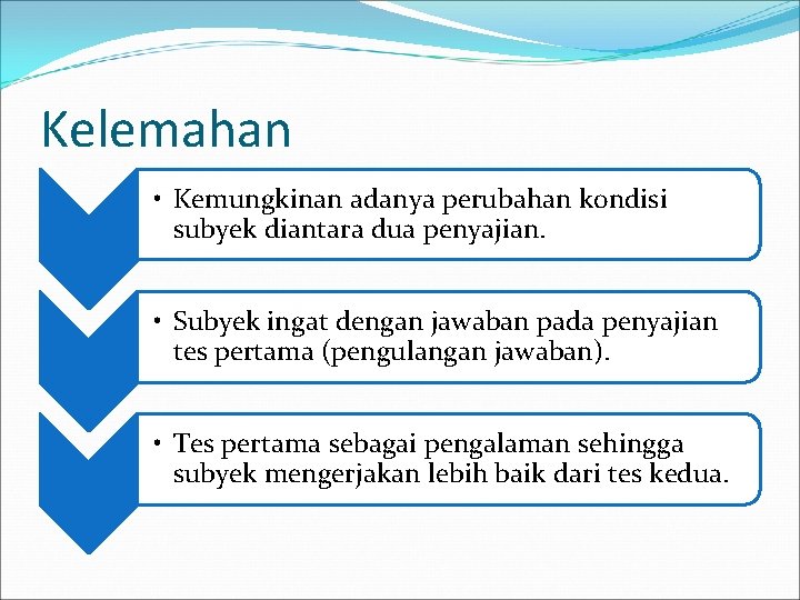 Kelemahan • Kemungkinan adanya perubahan kondisi subyek diantara dua penyajian. • Subyek ingat dengan