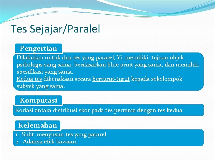 Tes Sejajar/Paralel Pengertian Dilakukan untuk dua tes yang pararel, Yi. memiliki tujuan objek psikologis