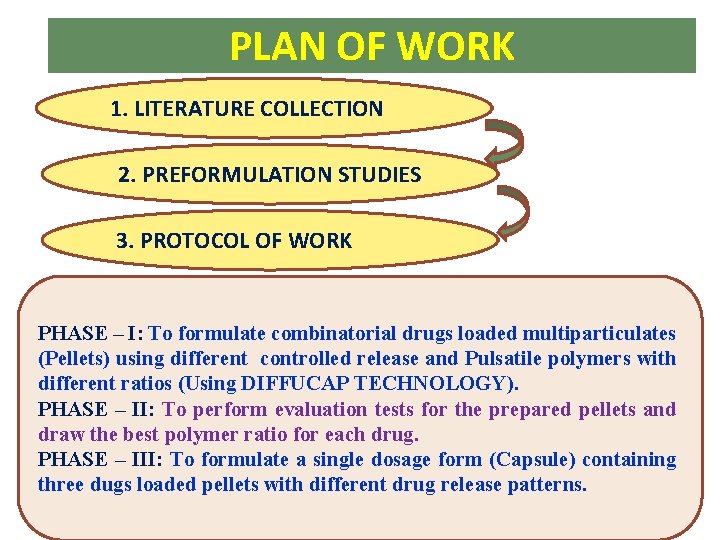 PLAN OF WORK 1. LITERATURE COLLECTION 2. PREFORMULATION STUDIES 3. PROTOCOL OF WORK PHASE PLAN OF WORK 1. LITERATURE COLLECTION 2. PREFORMULATION STUDIES 3. PROTOCOL OF WORK PHASE