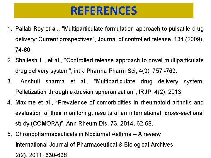 REFERENCES 1. Pallab Roy et al. , “Multiparticulate formulation approach to pulsatile drug delivery: REFERENCES 1. Pallab Roy et al. , “Multiparticulate formulation approach to pulsatile drug delivery: