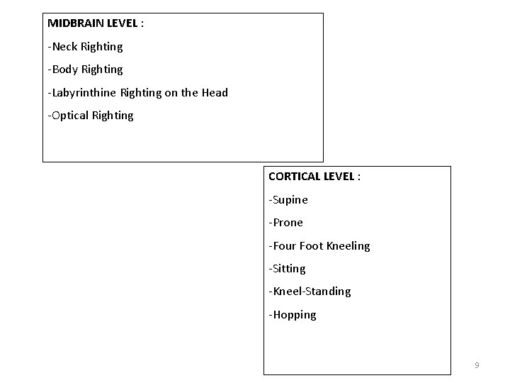 MIDBRAIN LEVEL : -Neck Righting -Body Righting -Labyrinthine Righting on the Head -Optical Righting MIDBRAIN LEVEL : -Neck Righting -Body Righting -Labyrinthine Righting on the Head -Optical Righting