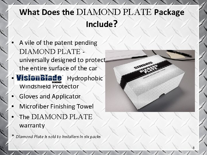 What Does the DIAMOND PLATE Package Include? • A vile of the patent pending