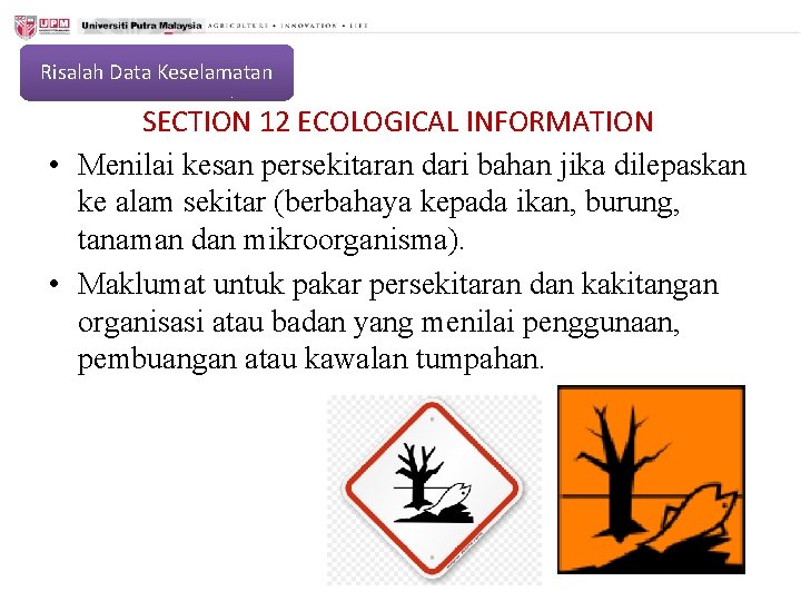 Risalah Data Keselamatan SECTION 12 ECOLOGICAL INFORMATION • Menilai kesan persekitaran dari bahan jika