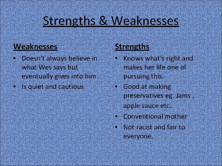 Strengths & Weaknesses Strengths • Doesn’t always believe in what Wes says but eventually
