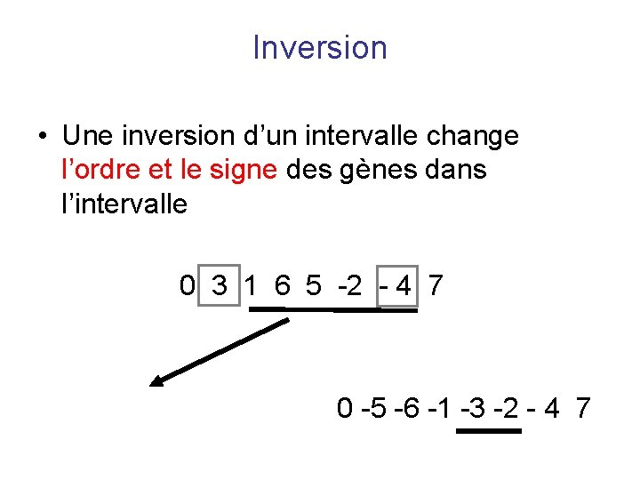 Inversion • Une inversion d’un intervalle change l’ordre et le signe des gènes dans