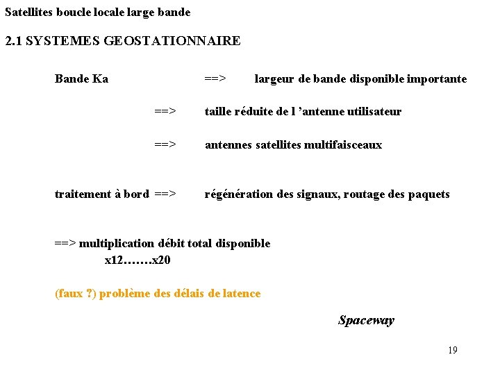 Satellites boucle locale large bande 2. 1 SYSTEMES GEOSTATIONNAIRE Bande Ka ==> largeur de Satellites boucle locale large bande 2. 1 SYSTEMES GEOSTATIONNAIRE Bande Ka ==> largeur de