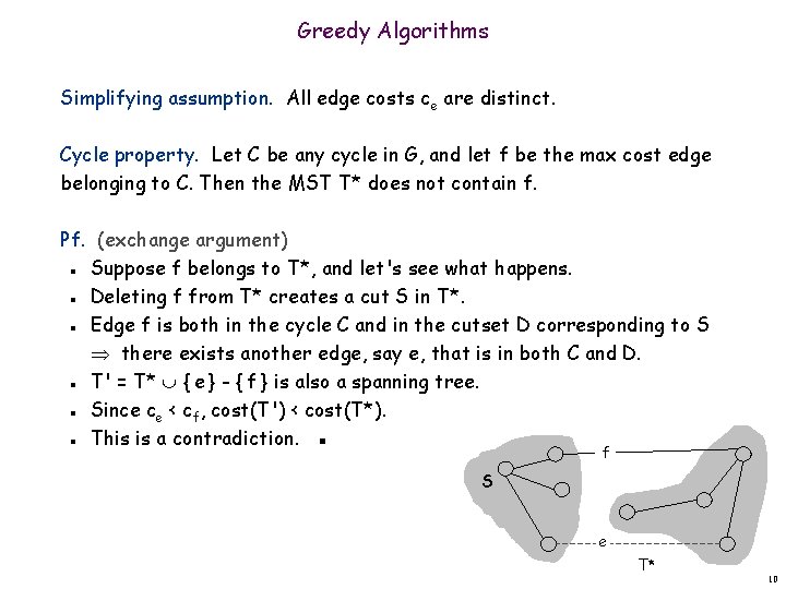 Greedy Algorithms Simplifying assumption. All edge costs ce are distinct. Cycle property. Let C