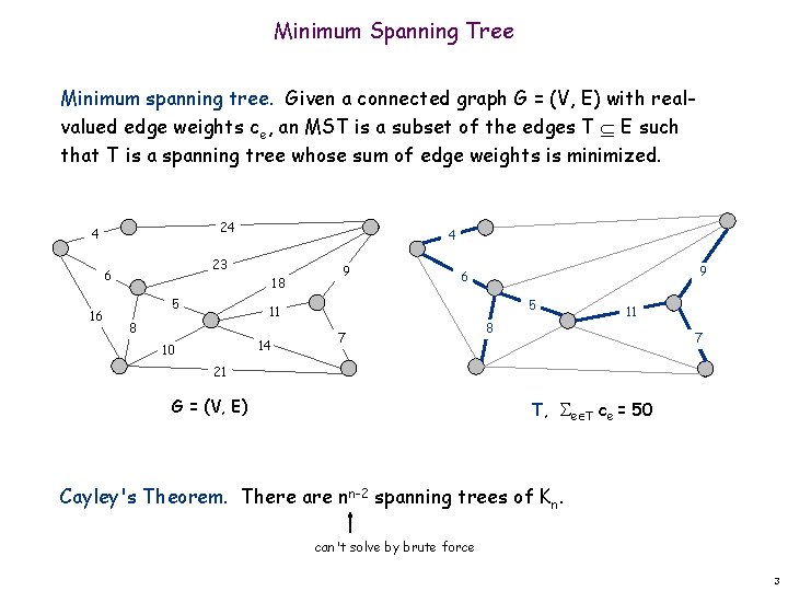 Minimum Spanning Tree Minimum spanning tree. Given a connected graph G = (V, E)