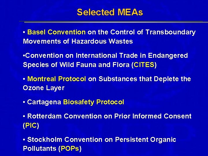 Selected MEAs • Basel Convention on the Control of Transboundary Movements of Hazardous Wastes