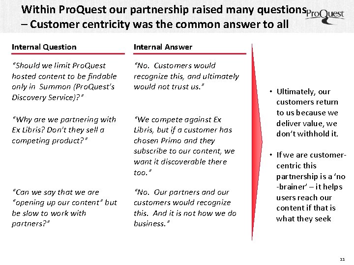 Within Pro. Quest our partnership raised many questions – Customer centricity was the common