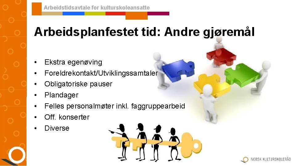 Arbeidstidsavtale for kulturskoleansatte Arbeidsplanfestet tid: Andre gjøremål • • Ekstra egenøving Foreldrekontakt/Utviklingssamtaler Obligatoriske pauser Arbeidstidsavtale for kulturskoleansatte Arbeidsplanfestet tid: Andre gjøremål • • Ekstra egenøving Foreldrekontakt/Utviklingssamtaler Obligatoriske pauser