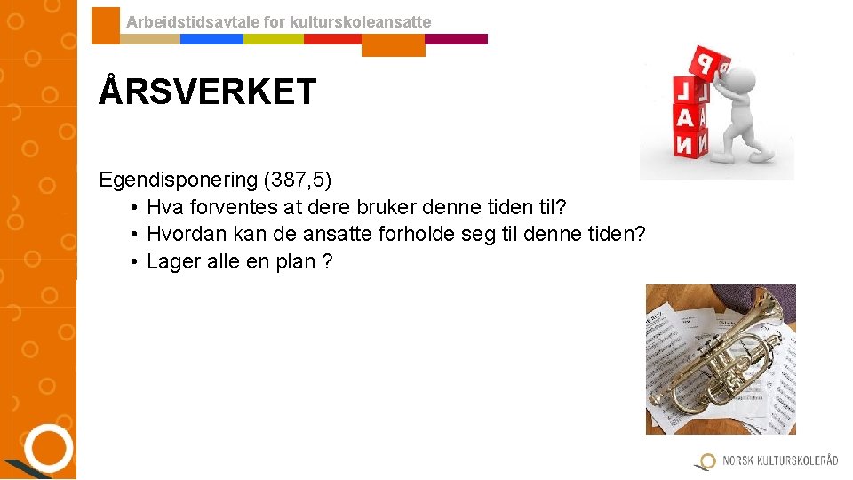 Arbeidstidsavtale for kulturskoleansatte ÅRSVERKET Egendisponering (387, 5) • Hva forventes at dere bruker denne Arbeidstidsavtale for kulturskoleansatte ÅRSVERKET Egendisponering (387, 5) • Hva forventes at dere bruker denne