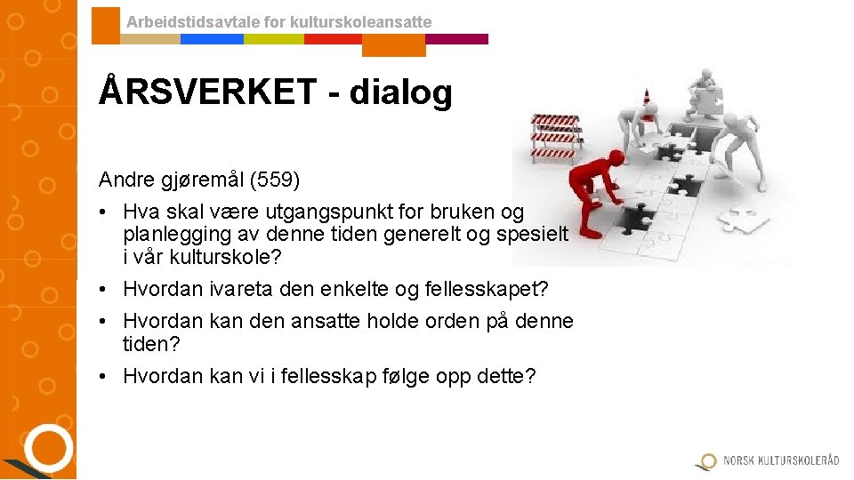 Arbeidstidsavtale for kulturskoleansatte ÅRSVERKET - dialog Andre gjøremål (559) • Hva skal være utgangspunkt Arbeidstidsavtale for kulturskoleansatte ÅRSVERKET - dialog Andre gjøremål (559) • Hva skal være utgangspunkt