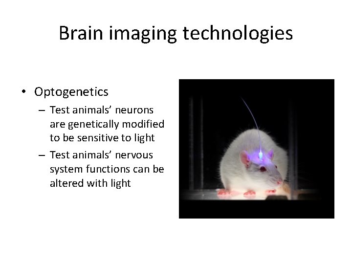 Brain imaging technologies • Optogenetics – Test animals’ neurons are genetically modified to be