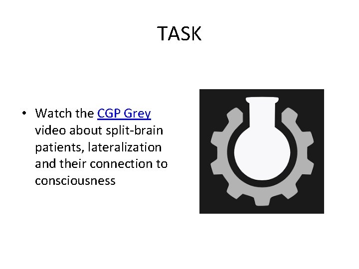 TASK • Watch the CGP Grey video about split-brain patients, lateralization and their connection