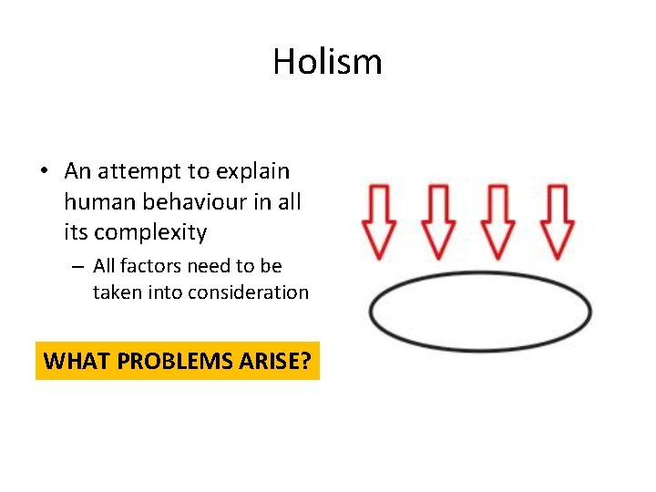 Holism • An attempt to explain human behaviour in all its complexity – All