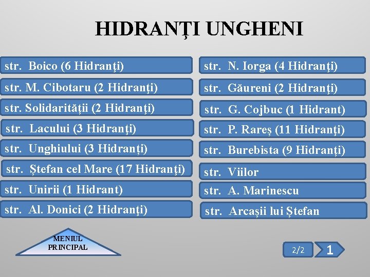 HIDRANŢI UNGHENI str. Boico (6 Hidranţi) str. N. Iorga (4 Hidranţi) str. M. Cibotaru