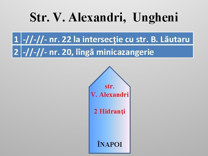Str. V. Alexandri, Ungheni 1 -//-//- nr. 22 la intersecţie cu str. B. Lăutaru